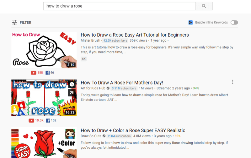 eksempel på topp youtube-video i youtube-søkeresultater for 'hvordan å tegne en rose'