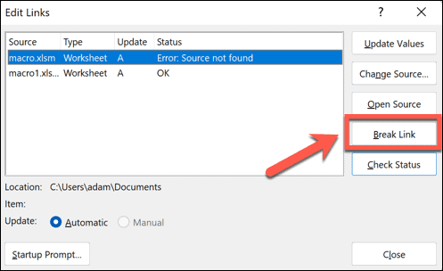 excel break link