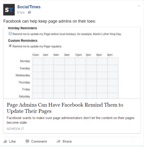 Facebook legger til muligheten til å angi påminnelser for sideadministratorer.