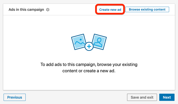 Opprett alternativ for ny annonse i LinkedIn-kampanjeoppsett