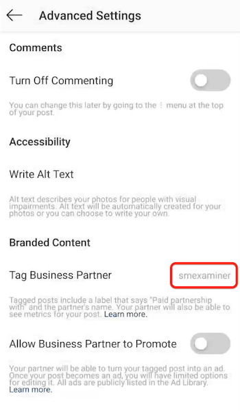 Instagram-kontonavn oppført som merket partner