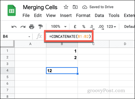 Eksempel på en enkel CONCATENATE-formel i Google Sheets