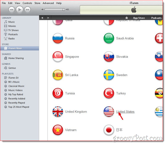 iTunes - Klikk på United State Flag