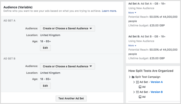Del test som kjører Facebook-annonsene dine til to eller flere målgrupper.