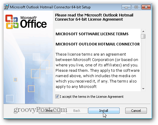 Outlook.com Outlook Hotmail Connector - Klikk på Installer