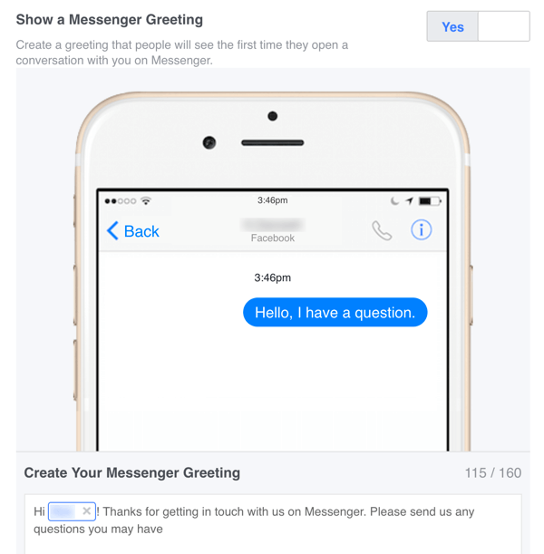 Du kan konfigurere en tilpasset velkomstmelding for Facebook Messenger i Innstillinger.