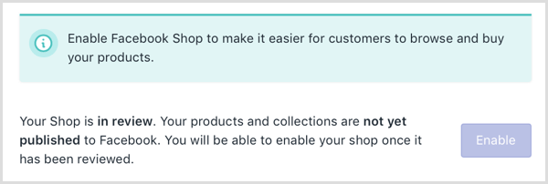 Shopify viser en online melding om at Facebook-butikken din er under gjennomgang.