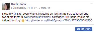Slik ser en likte tweet ut når den deles til Facebook-siden din via IFTTT.