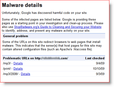 Google Webmaster Tools Malware-detaljer