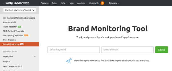 Eksempel på SEMrush's Brand Monitoring tool.