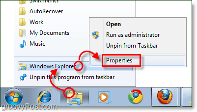justere egenskapene til snarveien til oppgavelinjen for Windows Explorer