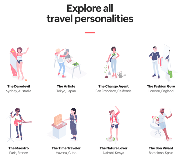 Eksempel på en side med alle resultater med resultater brukeren kan utforske fra Airbnbs Travel Matcher-quiz.