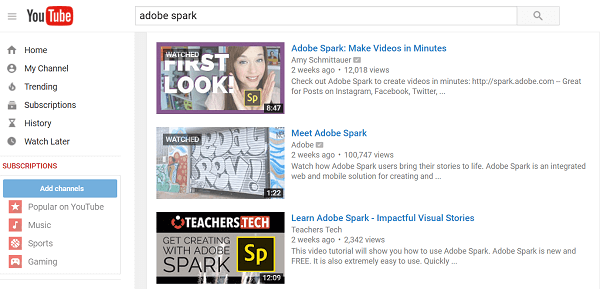 Adobe spark YouTube søk