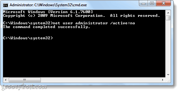 nettbrukerkommando for å deaktivere Windows 7-administratorkonto