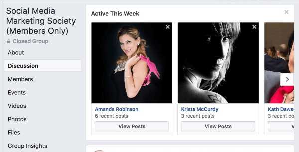 Facebook fremhever hvilke gruppemedlemmer som har vært mest aktive denne uken i gruppen.