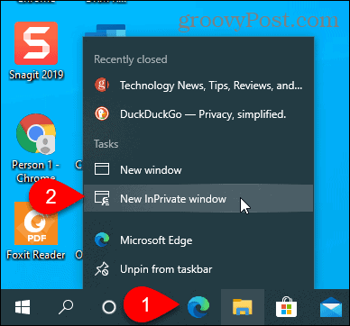 Velg Nytt InPrivate-vindu på Edge-ikonet på oppgavelinjen