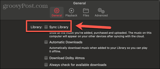 Apple Music sync avmerkingsboks mac