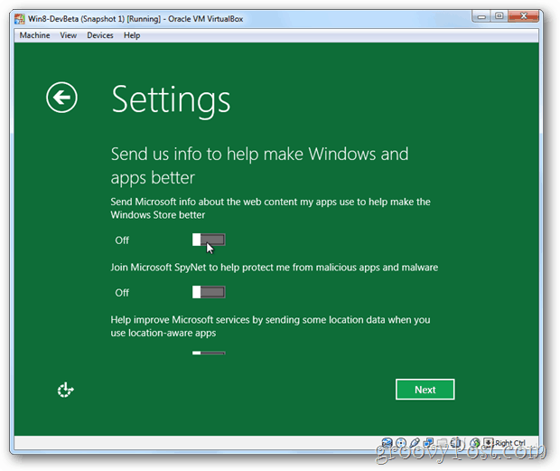VirtualBox Windows 8 personverninformasjon til Microsoft