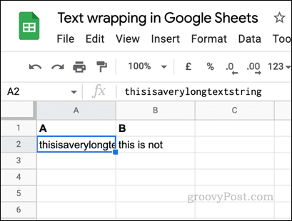 Eksempel på tekst som ikke er pakket inn i Google Sheets