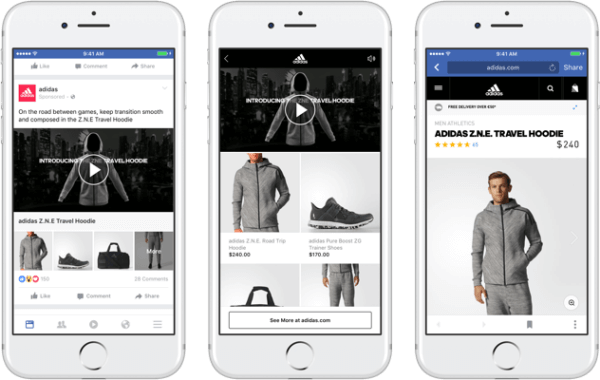 Med Facebooks nye kollektivannonseformat kan merkevarer inneholde en primær video eller et bilde som fører til en oppslukende, raskt lastende shoppingopplevelse på Facebook. 