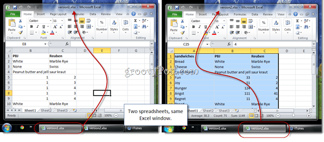 Slik viser du Excel 2010 regneark side om side for sammenligning