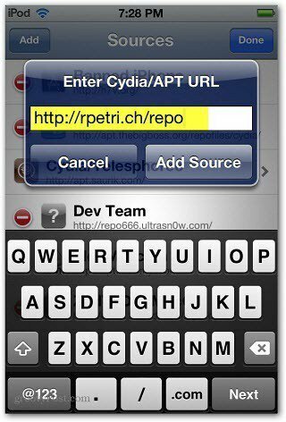 Skriv inn Cydia APT URL