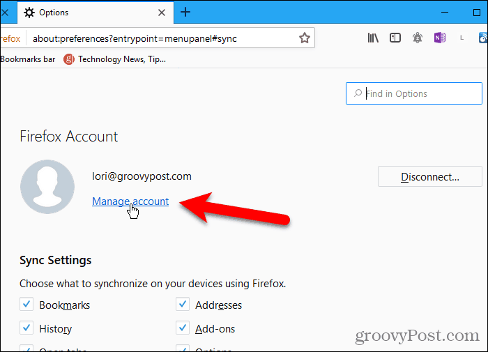 Klikk på Administrer konto i Firefox for Windows
