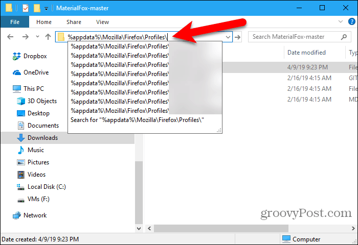 Lim inn profilstien i File Explorer