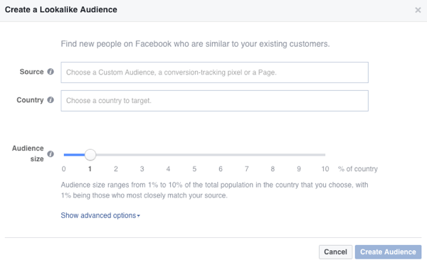 Du ser disse alternativene når du oppretter et Facebook-like publikum.