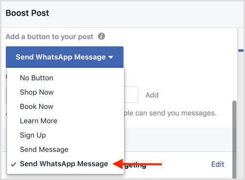 Velg alternativet Send WhatsApp-melding når du øker et Facebook-innlegg.
