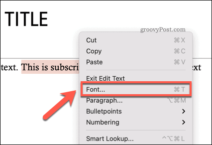 Åpne menyen Fonts-alternativer i Powerpoint på Mac
