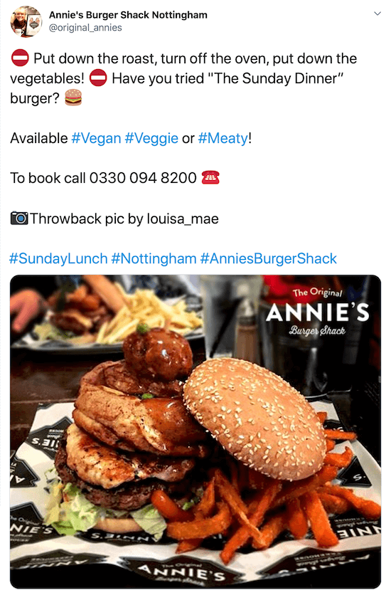 skjermbilde av Twitter-innlegg av @original_annies med et bilde av en burger og søtpotetfries under en fengende beskrivelse, deres telefonnummer, bildekreditt og hashtags