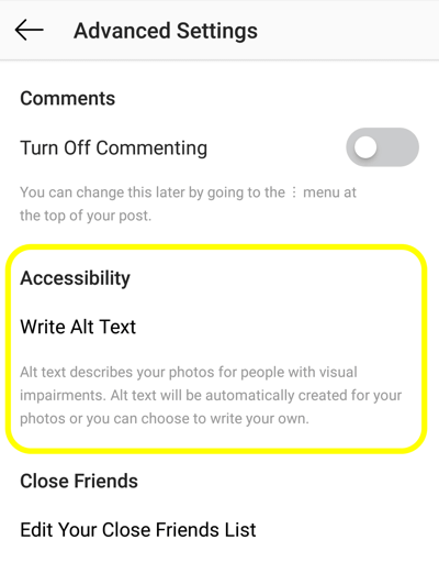 Hvordan legge til alt-tekst til Instagram-innlegg, trinn 2, alternativ for tilgjengelighet for Instagram-post for å sette alt-tag
