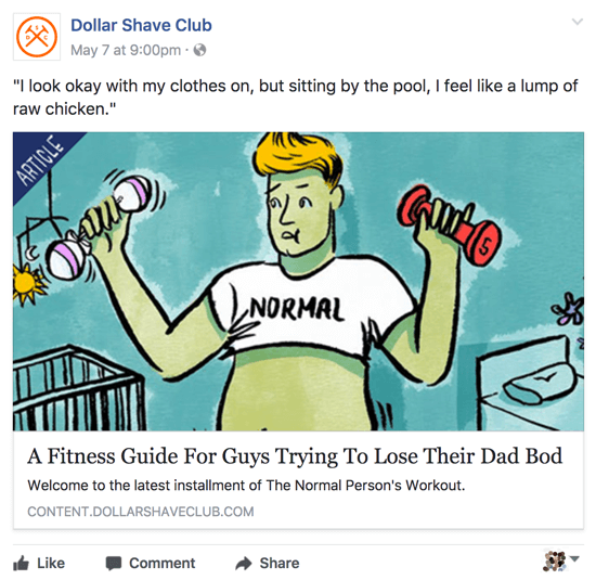 Dollar Shave Club deler relevant og smart innhold på sin Facebook-virksomhetsside.