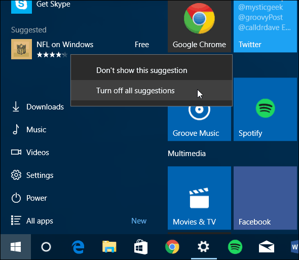 Startmeny for Windows 10 Slå av foreslåtte apper
