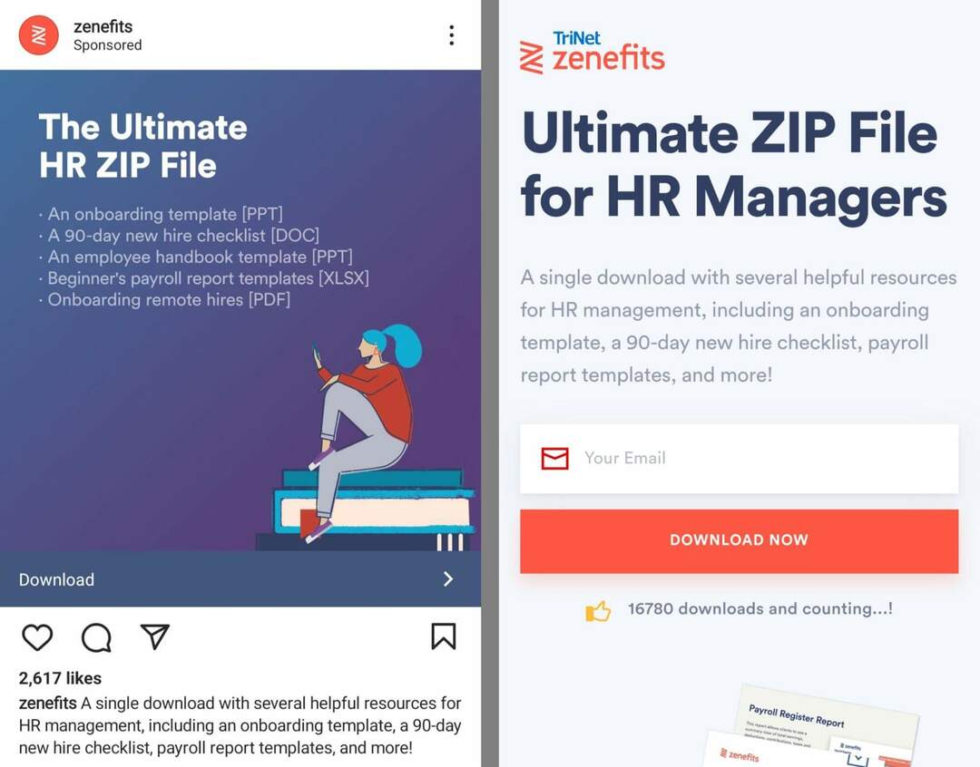 how-to-grow-your-e-mail-list-on-instagram-using-instagram-landing-page-promotes-customer-email-download-cta-call-to-action-automatically-redirects-to-landing-page- zenefits-eksempel-17