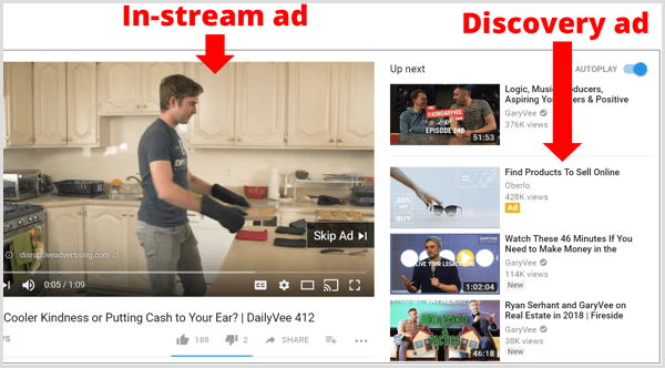 Eksempler på in-stream AdWords-annonser på YouTube.