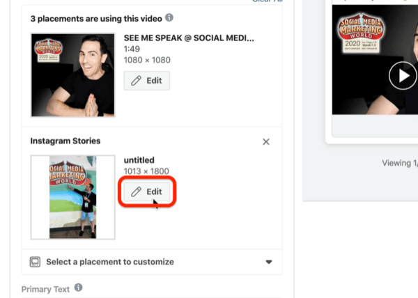 rediger plassering av Instagram Stories i Facebook Ads Manager