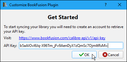 Skriv inn API-nøkkelen i dialogboksen Tilpass BookFusion-plugin i Caliber