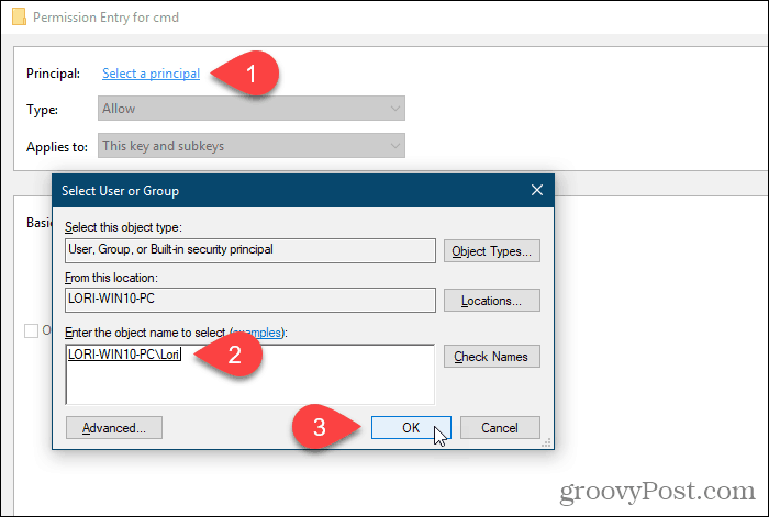 Klikk på Velg hovedperson og velg en bruker eller gruppe for tillatelser i Windows-registeret