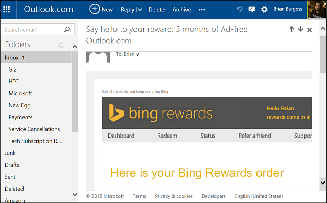 Få annonsefri Oultook.com hele året med Bing-belønninger
