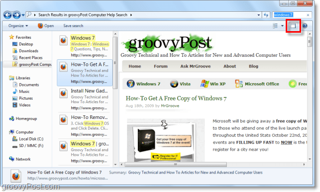 Bruk forhåndsvisningsruten til Windows 7 for å se nettsteder via søkekontakt i explorer-vinduet