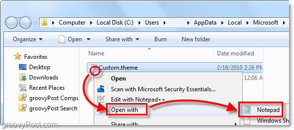 åpne Windows 7-temafilen ved å bruke notisblokk eller annen tekstleser