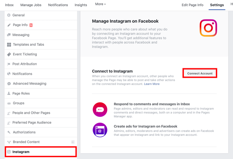 hvordan du kobler Facebook-siden til Instagram-forretningskontoen i Facebook-sideinnstillingene