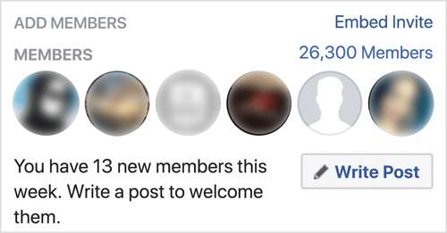 Klikk på Skriv innlegg for å ønske nye Facebook-gruppemedlemmer velkommen.