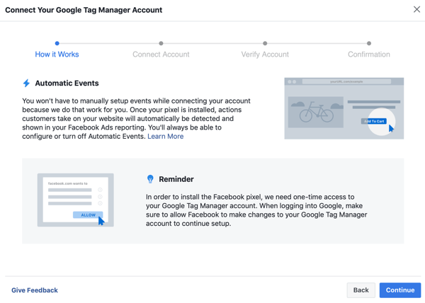 Bruk Google Tag Manager med Facebook, trinn 6, fortsett-knappen når du kobler Google Tag Manager til Facebook-kontoen din