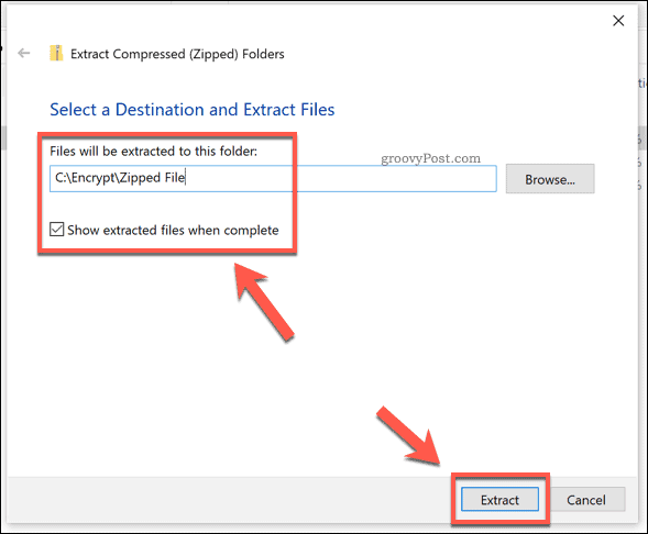 Ekstraksjonsalternativene for en Windows-zip-fil