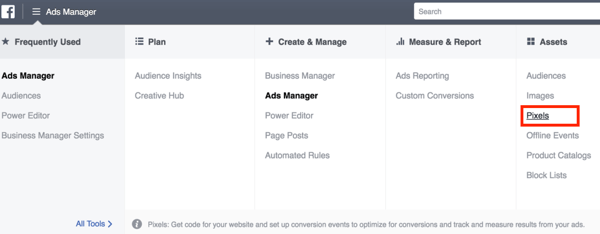 For å sette opp Facebook-pikselet, åpne Ads Manager for å velge det.