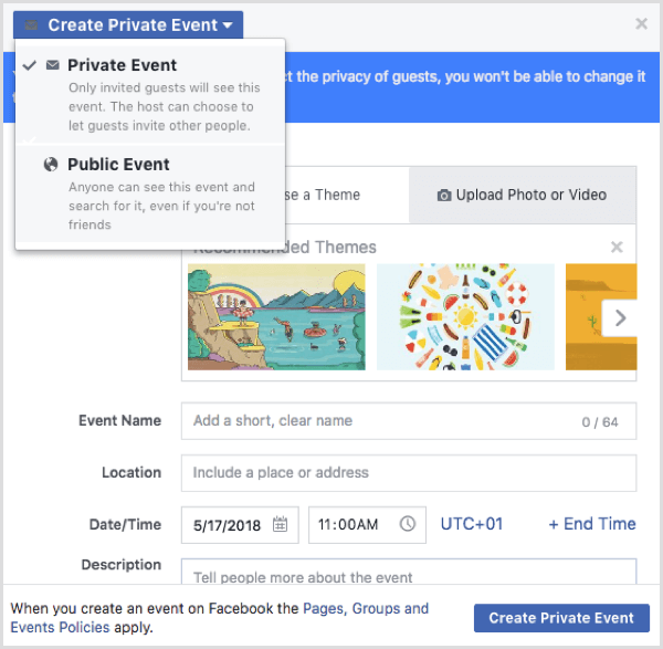 Alternativer for Facebook-hendelse når du oppretter en hendelse fra en Facebook-profil