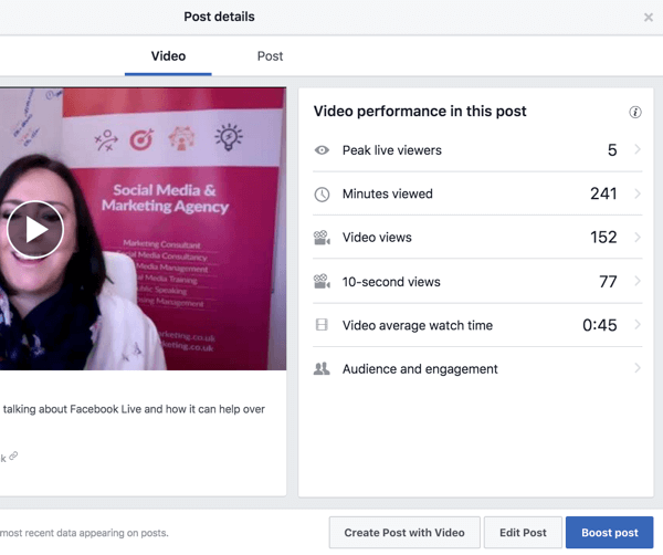 Velg en video i Facebook-videobiblioteket ditt for å se ytelsesberegninger.